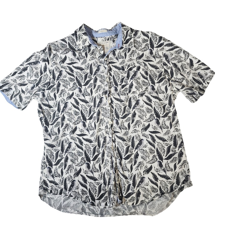 Alexander Julian Mens Button Up Shirt Large White Blue Bird Leaf Print Stretch